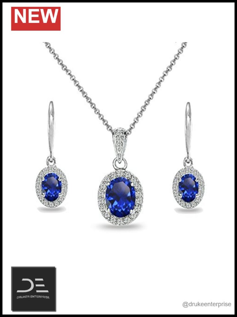 Sterling Silver Oval Gemstone Halo Dangle Earrings and Necklace Jewelry Set for